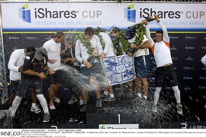 The iShares Cup Amsterdam final podium - Gitana Extreme - Groupe LCF Rothschild, Oman Sail Renaissance and Groupama 40 ©ThMartinez/Sea&Co / OC Events . © ThMartinez / Sea & Co - Copyright http://www.thmartinez.com